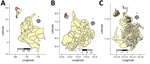 Thumbnail of Location of the areas included in joint estimation of relative risk for dengue and Zika virus infections, Colombia, 2015–2016. A) Country of Colombia; inset shows location of Colombia in South America. B) Department of Santander; inset shows location of Santander in Colombia. C) City of Bucaramanga; inset shows location of Bucaramanga in Santander.