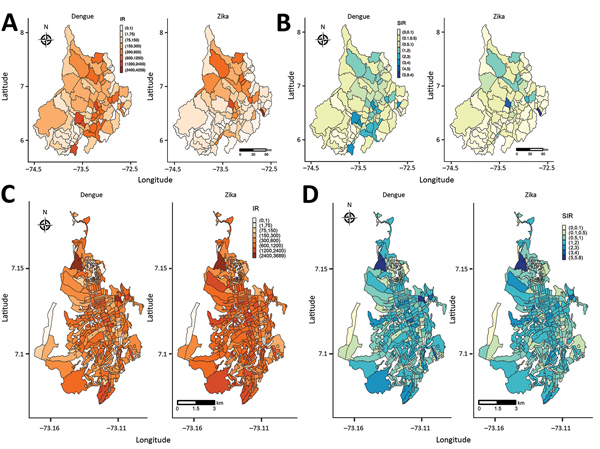 IRs and SIRs for dengue and Zika virus disease, Colombia, 2015–2016. A) Santander IR; B) Santander SIR; C) Bucaramanga IR; D) Bucaramanga SIR. IR, incidence rate; SIR, standardized incidence rate.