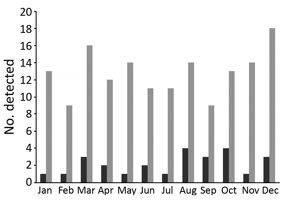 Seasonal variation in the incidence of Edwardsiella tarda infection, Kurashiki Central Hospital, Okayama, Japan, 2005–2016. Black bars, blood culture; gray bars, all specimens (including blood cultures).