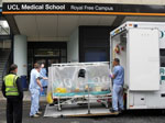 Thumbnail of Dedicated road transport that can accommodate the Air Transportable Isolator patient transport system, such as the Jumbulance shown at right, enables seamless end-to-end transfer from patient pickup to the destination facility.
