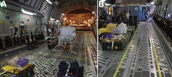 Demarcation of clean and dirty zones during use of the Trexler Air Transportable Isolator patient transport system on a Lockheed Martin C-130 transport aircraft. A) Yellow lines clearly demarcate clean and dirty zones as required for transporting both confirmed and exposed viral hemorrhagic fever case-patients. B) For exposed patients, the demarcation zone should extend to a corridor leading to isolated toileting and comfort facilities.