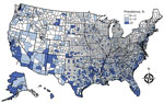 Thumbnail of Estimated prevalence of latent tuberculosis infection, by county, United States, as derived from genotyped cases of tuberculosis reported to the US National Tuberculosis Surveillance System, 2011–2015. County equivalents (i.e., Alaska boroughs, District of Columbia, Louisiana parishes, and Virginia independent cities) are also shown. A modified method for analyzing data for Oklahoma is found in the text. Prevalence estimates for Alaska are aggregated by region.