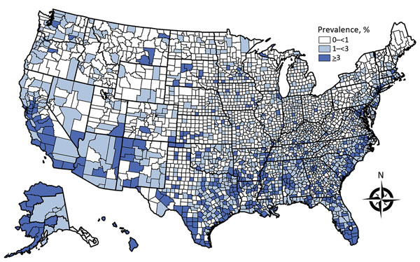 Estimated prevalence of latent tuberculosis infection, by county, United States, as derived from genotyped cases of tuberculosis reported to the US National Tuberculosis Surveillance System, 2011–2015. County equivalents (i.e., Alaska boroughs, District of Columbia, Louisiana parishes, and Virginia independent cities) are also shown. A modified method for analyzing data for Oklahoma is found in the text. Prevalence estimates for Alaska are aggregated by region.