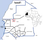 Thumbnail of Study site for investigation of malaria in Mauritania (red box). Twelve provinces and Nouakchott (the capital city) are also shown. Inset map shows location of Mauritania in Africa.