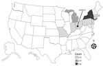 Thumbnail of Outbreak-related cases of listeriosis (n = 19) in the United States by state of residence, July 5, 2015–January 31, 2016.
