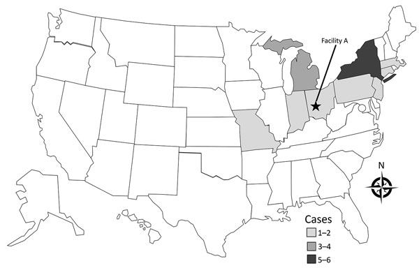 Outbreak-related cases of listeriosis (n = 19) in the United States by state of residence, July 5, 2015–January 31, 2016.