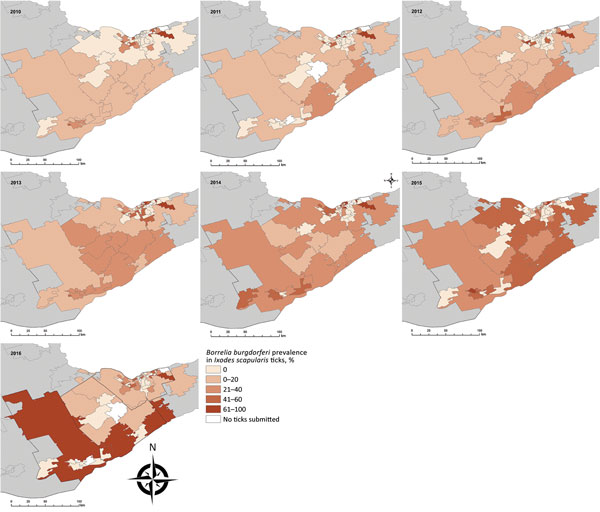 Annual prevalence of Borrelia burgdorferi in Ixodes scapularis ticks from passive tick surveillance, based on forward sortation area of tick submitter, 3 public health units, eastern Ontario, Canada, 2010–2016. 