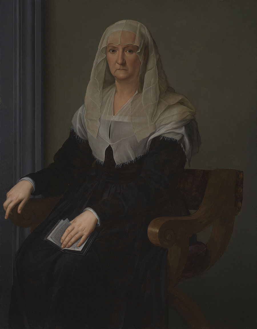 Portrait of an Elderly Lady (Maria Salviati) depicted by Agnolo Bronzino in 1542–1543 c. Oil on panel. 50 × 39.4 in. (127 × 100 cm). (San Francisco, The Fine Arts Museum of San Francisco, Gift of Mr. Samuel H. Kress, 53670. Image courtesy the Fine Arts Museums of San Francisco).