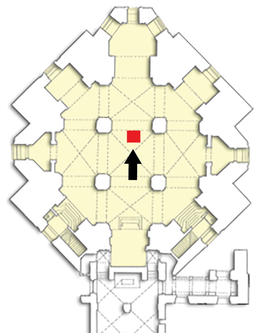 Plan of the crypt of the Medici Chapel with the position of the tomb of Maria Salviati. (Archive of the Division of Paleopathology. University of Pisa.) 