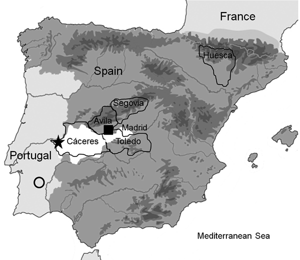 Study site locations in the Iberian Peninsula in which Crimean-Congo hemorrhagic fever virus was detected: Cáceres, Toledo, Segovia, and Huesca Provinces. Square shows presence of CCHFV in humans bitten by a tick, star shows presence of CCHFV in ticks with positive results by PCR, circle indicates region where serum samples positive for CCHFV were detected in Portugal, and white area shows regions in 4 localities (Cáceres, Ávila, and Toledo Provinces and Madrid) in Spain where CCHFV-positive tic