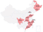 Thumbnail of Geographic distribution of 12 selected provinces (red shading) included in human listeriosis surveillance, China, 2013–2017.