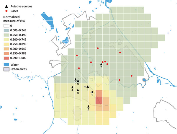 Map of the norrmalized measure of risk for Legionnaires’ disease, Boxtel, the Netherlands, October 2016–December 2017. Results are based on case-patients living in Boxtel who constituted the clusters occurring in 2016 and 2017 (n = 11). Red dots indicate the residential address (postal code) of case-patients. A hotspot is an area with a measure of risk &gt;0.9. Gray dots indicate Legionnaires’ disease cases in nonresidents; these cases are not included in the model. Black triangles indicate the 