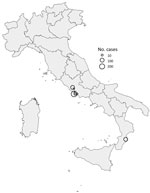 Thumbnail of Location and size of clusters of 499 cases of chikungunya (probable and confirmed), by municipality, in central and southern Italy, June 26– November 15, 2017.