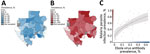 Thumbnail of Association of Ebola virus exposure and Plasmodium spp. infection across rural communities in Gabon. A) Geographic distribution of Ebola virus antibody seroprevalence. B) Geographic distribution of malaria parasite (all Plasmodium species) prevalence. C) Correlation between these geographic distributions at the level of administrative department (ρ = 0.43, p&lt;0.01). The fitted curve and 95% CIs (gray shading) were generated by using the predict function from the basic stats packag