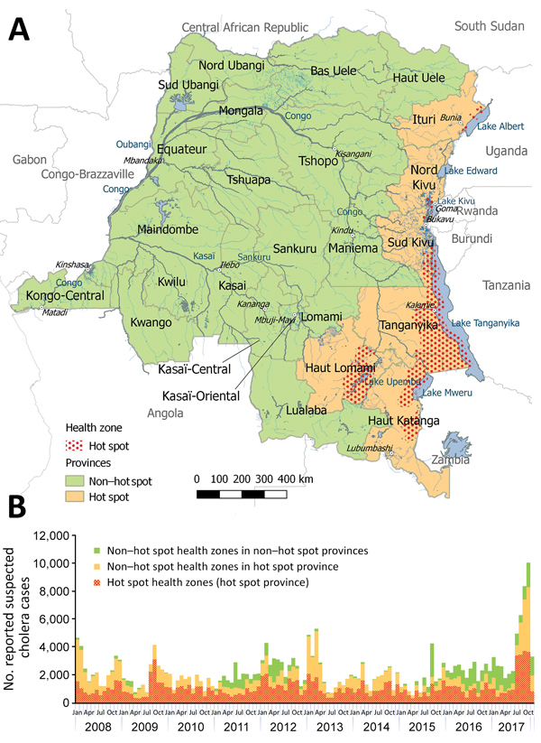 Hot spots and non–hot spot locations for cholera and number of suspected cases by location, Democratic Republic of the Congo, 2008–2017. A) Locations of cholera hot spot and non–hot spot provinces and hot spot health zones (2017 classification). B) Weekly number of suspected cholera cases. Case counts for 2017 are through week 46.