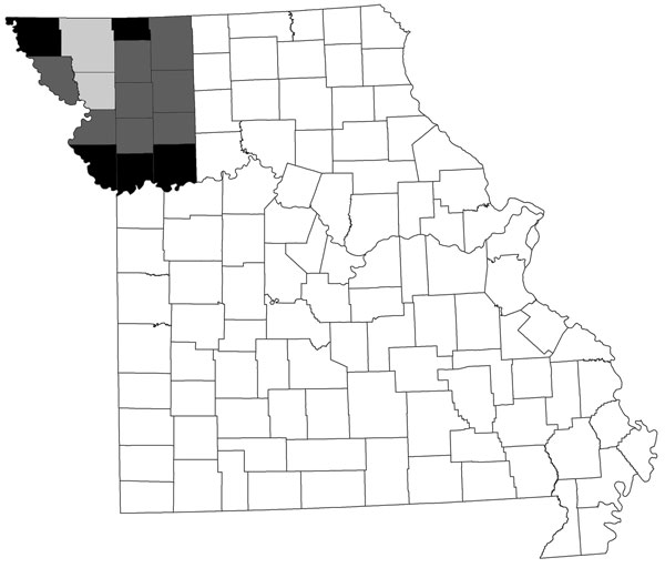 Location of counties targeted for study of seroprevalence of Heartland virus in blood donors, northwestern Missouri, USA. Gray shading indicates 10 counties included in analysis; lighter gray shading indicates counties where first cases were identified. Black shading indicates 5 counties excluded from analysis because they had &lt;5 blood donors.