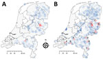 Thumbnail of Geographic distribution of tick-borne encephalitis virus (TBEV) based on surveillance of roe deer, the Netherlands, during A) 2010 and B) 2017. Data for 2010 were reproduced from Jahfari et al. (1). Red indicates roe deer serum samples that showed positive results in the TBEV neutralization test, and blue indicates roe deer serum samples that showed negative results in this test or an ELISA. Numbers indicate potential foci, and red stars indicate location of 2016 TBEV-RNA positive t