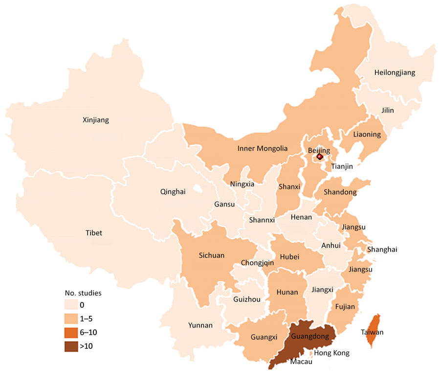 Distribution of study locations in systematic review and meta-analyses of incidence of invasive group B Streptococcus disease, by province, China.