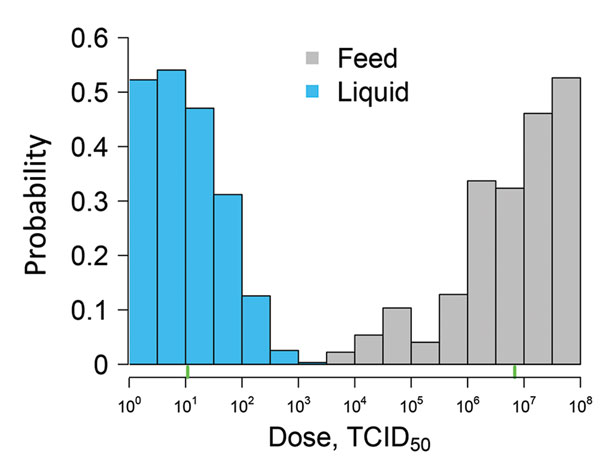 African swine fever virus (ASFV) ID50 distribution in a study determining the infectious dose of ASFV when consumed naturally in liquid or feed. For liquid, ID50 was 101.0, and for feed, ID50 was 106.8 (represented by green tick marks along baseline). ID50, median infectious dose (dose required to result in ASFV infection of 50% of pigs); TCID50, 50% tissue culture infectious dose.