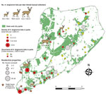Thumbnail of Sampling site locations and number of Haemaphysalis longicornis ticks collected on deer, in parks (grids and transects), and during household visits on Staten Island, New York, USA.