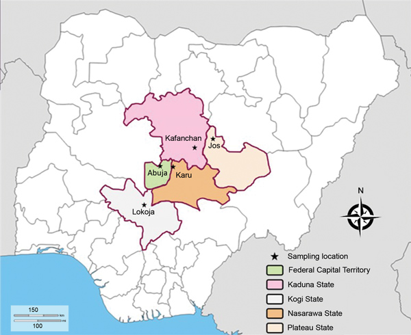 Sampling site locations in study of genetic diversity of Plasmodium falciparum spp., North Central Nigeria, 2015–2018. The Jabi region was the sampling site in Abuja.