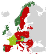 Thumbnail of Countries participating in a multicenter study of Cronobacter sakazakii infections in humans, Europe, 2017. Dark green indicates the 8 countries that sent C. sakazakii isolates to the study center in Austria; light green indicates the 3 countries where historical outbreaks were detected; and red indicates the 13 countries that participated but did not provide isolates. AT, Austria; BE, Belgium; BG, Bulgaria; CH, Switzerland; CY, Cyprus; CZ, Czech Republic; DE, Germany; DK, Denmark; 