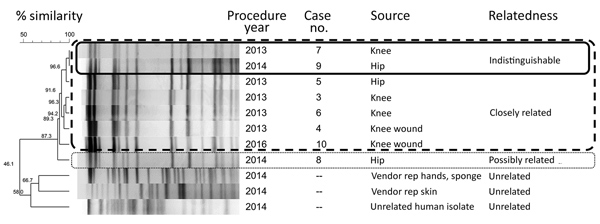 Dendrogram of 8 Mycobacterium fortuitum isolates associated with prosthetic joint surgical site infections, multiple hospitals, Oregon, 2013–2016. Boxes indicate group relatedness according to pulsed-field gel electrophoresis: solid lines, indistinguishable (no band difference); dashed lines, closely related (1–3 band difference); dotted lines, possibly related (4–6 band difference). Differences of &gt;7 bands indicate not related. Rep, representative.  