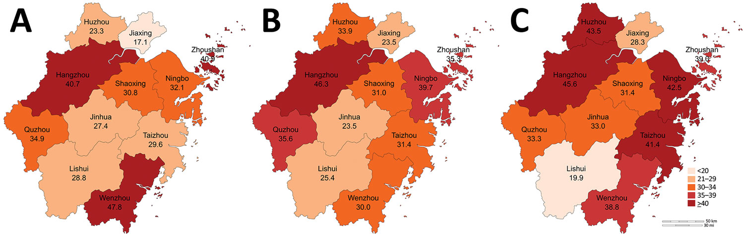 Heatmap of rates of carbapenem-resistant Pseudomonas aeruginosa each year in administrative districts in Zhejiang Province, China. A) 2015; B) 2016; C) 2017.