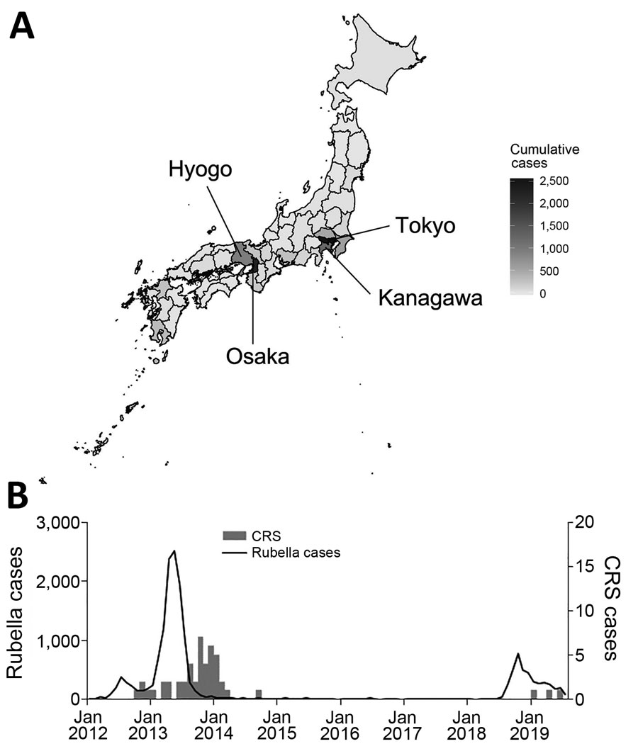 Spatial and temporal variations of rubella and CRS in Japan, 2013–2019. A) Geospatial variation in cumulative rubella cases by prefecture, 2013. B) Temporal distribution of rubella and CRS cases by month during January 1, 2012–July 31, 2019. Black line indicates number of cases of rubella. Gray bars indicate number of cases of CRS. CRS, congenital rubella syndrome.