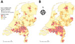 Thumbnail of Geographic categorization of high, middle, and low Q fever incidence in the Netherlands using (A) 4-digit postal code areas and (B) 3-digit postal code areas. Incidence level was based on acute Q fever notifications and the proximity of farms with Q fever during the epidemic period (2007–2010).