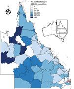 Thumbnail of Ross River virus notification rate by local government area, Queensland, Australia, July 1, 2014–June 30, 2015. Brisbane local government area (red outline) is indicated. Inset map shows the location of Queensland in Australia.