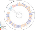 Thumbnail of Maximum-likelihood phylogeny of 132 sequenced Salmonella enterica serovar Mississippi isolates from Australia and New Zealand and reference isolates, inferred from 8,573 core single-nucleotide polymorphisms. Nodes are labeled with isolation year, isolate source if nonhuman (all from Tasmania), and Australia state of acquisition or residence if human. Tree visualized with iTOL (https://itol.embl.de) and midpoint rooted. Scale bar indicates nucleotide substitutions per site. *State of