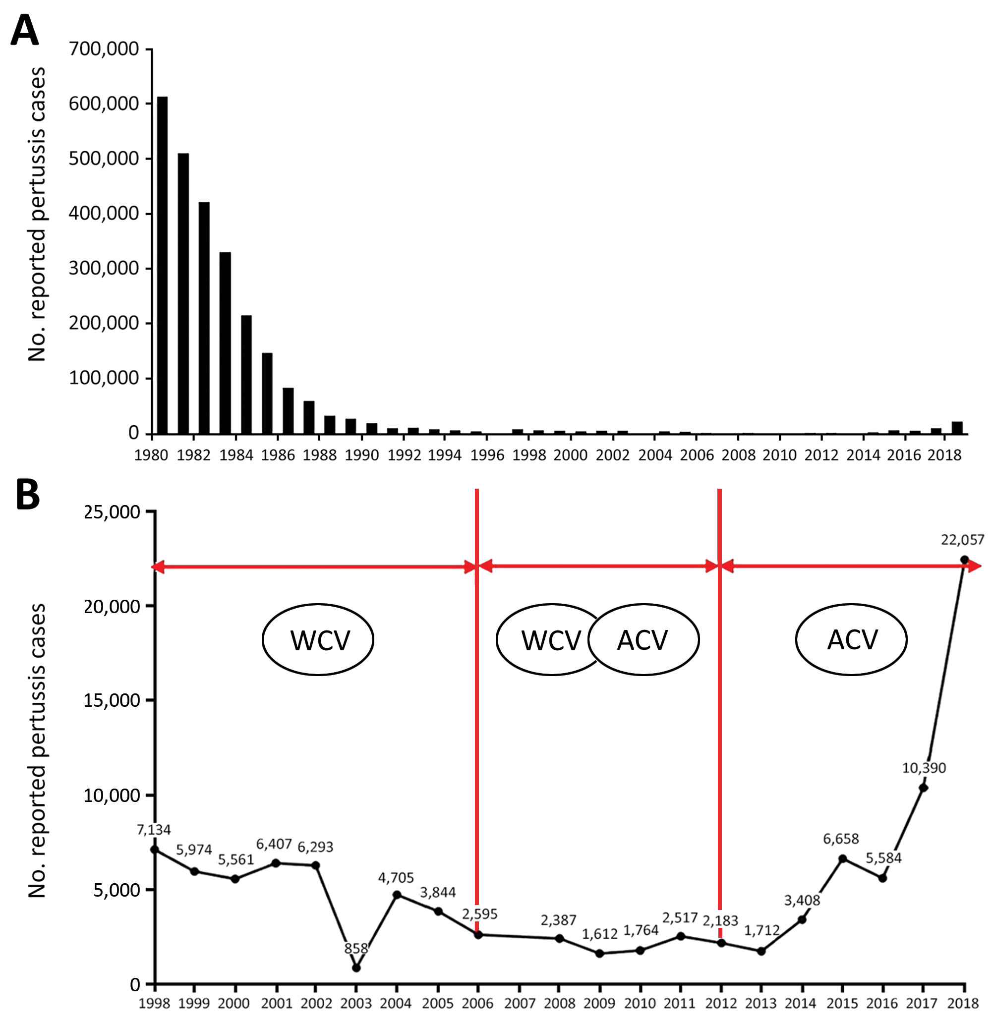 Reported pertussis cases in China, 1980–2018. A) Number of cases 1980–2018. B) Actual numbers of cases (line) according to vaccine type administered during a given period, 1998–2018. ACV, acellular pertussis vaccine; WCV, whole-cell pertussis vaccine. 