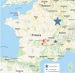 Thumbnail of Areas of the Auvergne-Rhône-Alpes region of France visited by 2 patients and inhabited by 1 patient who acquired tick-borne encephalitis during 2017–2018. Red flags and text indicate locations and case-patient numbers.