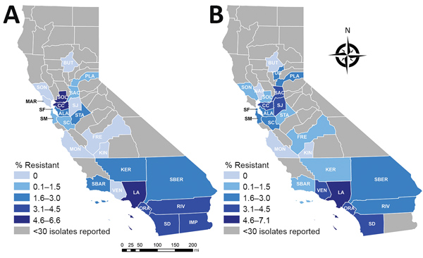 Geographic distribution of carbapenem resistance among Enterobacteriaceae reported in healthcare-associated infections by hospitals, aggregated by county, California, 2014–2015 (A) and 2016–2017 (B). ALA, Alameda; BUT, Butte; CC, Contra Costa; FRE, Fresno; IMP, Imperial; KER, Kern; KIN, Kings; LA, Los Angeles; MAR, Marin; MON, Monterey; NAP, Napa; ORA, Orange; PLA, Placer; RIV, Riverside; SAC, Sacramento; SBER, San Bernardino; SD, San Diego; SF, San Francisco; SJ, San Joaquin; SM, San Mateo; SBA