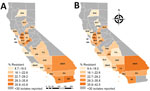 Thumbnail of Geographic distribution of cephalosporin resistance among Enterobacteriaceae reported in healthcare-associated infections by hospitals, aggregated by county, California, 2014–2015 (A) and 2016–2017 (B). ALA, Alameda; BUT, Butte; CC, Contra Costa; FRE, Fresno; IMP, Imperial; KER, Kern; KIN, Kings; LA, Los Angeles; MON, Monterey; NAP, Napa; ORA, Orange; PLA, Placer; RIV, Riverside; SAC, Sacramento; SBER, San Bernardino; SD, San Diego; SF, San Francisco; SJ, San Joaquin; SLO, San Luis 