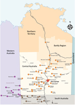 Thumbnail of Alice Springs Hospital catchment area, Central Australia. Red dot indicates Alice Springs township; orange dots indicate Northern Territory communities; purple dots indicate Western Australia communities; gray dots indicate South Australia communities.