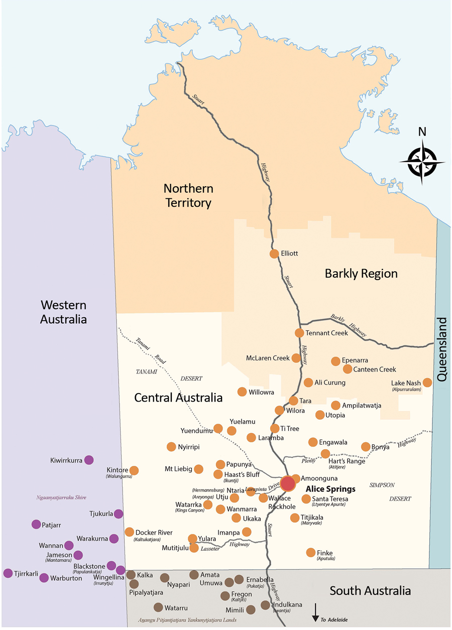 Alice Springs Hospital catchment area, Central Australia. Red dot indicates Alice Springs township; orange dots indicate Northern Territory communities; purple dots indicate Western Australia communities; gray dots indicate South Australia communities.