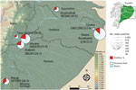 Thumbnail of Amazon region of Ecuador where testing for Mansonella ozzardi microfilariae in humans was conducted. Of 2,756 archived slides from human infections, 566 (20.5%) were positive for this parasite. Values are no. positive/no. tested (%). Inset shows location of study area within Ecuador.