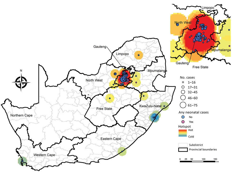 Location and number of 741 Candida auris candidemia cases at 79 hospitals, including 7 hospitals with neonatal cases, South Africa, 2016–2017. Location data were missing for 53 cases.