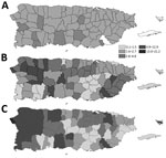Thumbnail of Incidence of laboratory-positive dengue cases reported to Puerto Rico Department of Health by municipality during epidemics in 2007 (A), 2010 (B), and 2012–2013 (C).