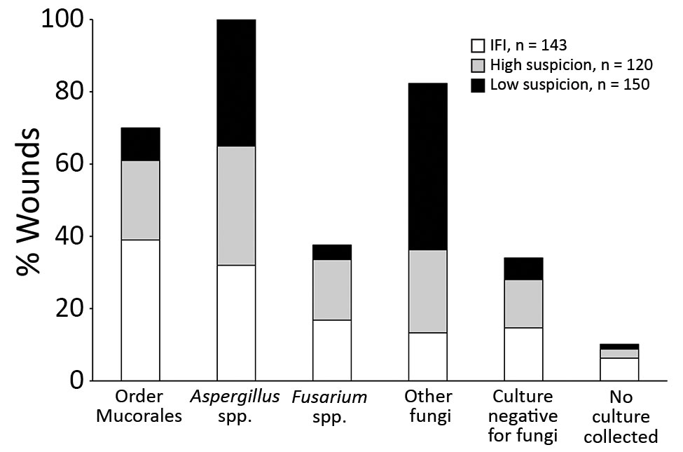 Wound culture mycology distribution, by wound classification, in study of US military patients who had laboratory evidence of fungal infection after battlefield trauma in Afghanistan, June 1, 2009–December 31, 2014. Because wound infections were polymicrobial, organisms are not mutually exclusive for a classification type. IFI, invasive fungal infection; other fungi, filamentous fungi other than order Mucorales, Aspergillus spp., and Fusarium spp. 