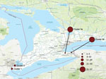 Thumbnail of Approximate locations and number of dogs with diagnoses of canine influenza virus infection, Ontario, Canada, 2017–2018.