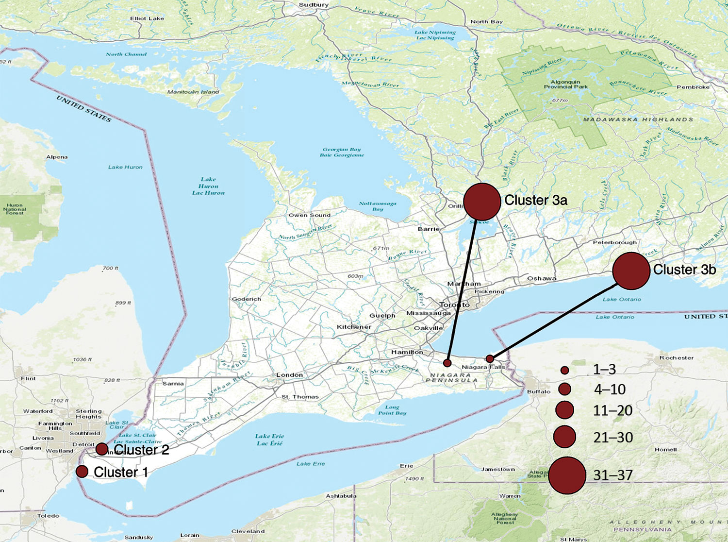 Approximate locations and number of dogs with diagnoses of canine influenza virus infection, Ontario, Canada, 2017–2018.