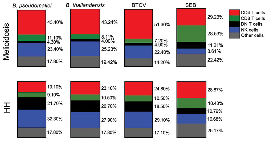 Cellular immune responses to Burkholderia pseudomallei, B. thailandensis, and BTCV by whole blood stimulation assay using flow cytometry between melioidosis patients and healthy persons in B. pseudomallei–endemic areas, Thailand. Whole blood samples from 14 patients with acute melioidosis and 8 HH contacts were stimulated with culture-filtrate antigens of B. pseudomallei, B. thailandensis, BTCV, and SEB (positive control). Frequencies of CD4, CD8, and DN Tcells; NK cells; and other cells within 