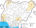 Thumbnail of Sample collection sites and distribution of CCHFV antibody-positive and -negative samples in Nigeria. Yellow shading indicates states from which samples were collected. CCHFV, Crimean-Congo hemorrhagic fever virus; FCT, Federal Capital Territory. 