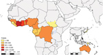 Thumbnail of Geographic distribution of Buruli ulcer cases officially reported to World Health Organization during 2010–2017. Concentrations in West Africa and Australia are clearly visible.