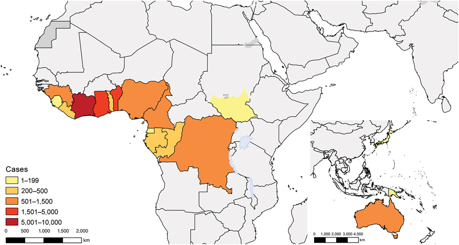 Geographic distribution of Buruli ulcer cases officially reported to World Health Organization during 2010–2017. Concentrations in West Africa and Australia are clearly visible.