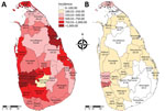Thumbnail of Comparison of dengue incidence rates per district in 2017 with the 5-year (2012–2016) average, Sri Lanka. A) Incidence rate in 2017. B) Historical mean incidence rate during 2012–2016. Incidence is cases per 100,000 population. Source: (7).