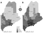 Thumbnail of Human granulocytic anaplasmosis incidence (cases/100,000 persons), Maine, USA, 2013 (A) and 2017 (B). Statewide incidence increased 602% during 2013–2017.